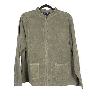 Denim & Co Button Up Shirt L Womens Olive Green Floral Embroidered Collar Pocket